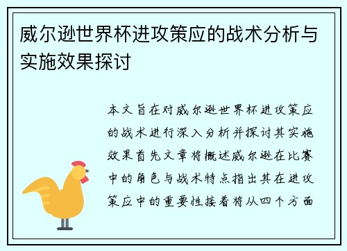 威尔逊世界杯进攻策应的战术分析与实施效果探讨