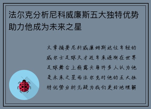 法尔克分析尼科威廉斯五大独特优势助力他成为未来之星