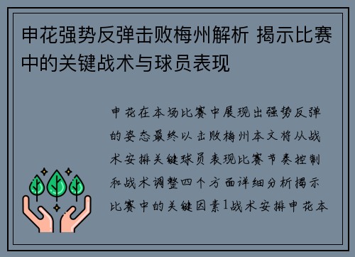申花强势反弹击败梅州解析 揭示比赛中的关键战术与球员表现 申花强势反弹击败梅州解析 揭示比赛中的关键战术与球员表现